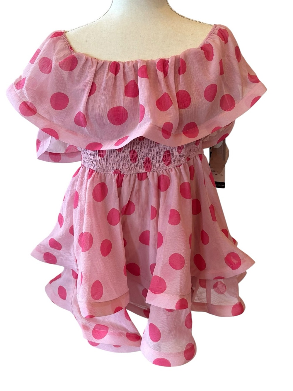 NWT ELLIATT Sola Georgette Polka Dot Off-The-Shoulder Pink Mini Dress $298 - Picture 6 of 13